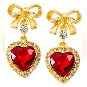 RED CRYSTAL BOW HEART EARRINGS